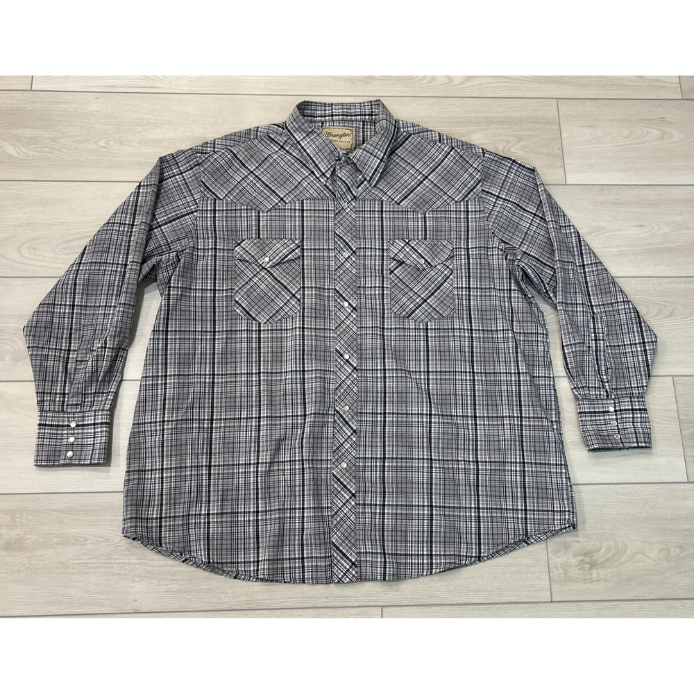 Vintage Wrangler Men's Long Sleeve Pearl Snap Western Shirt Size XXL Gray Plaid